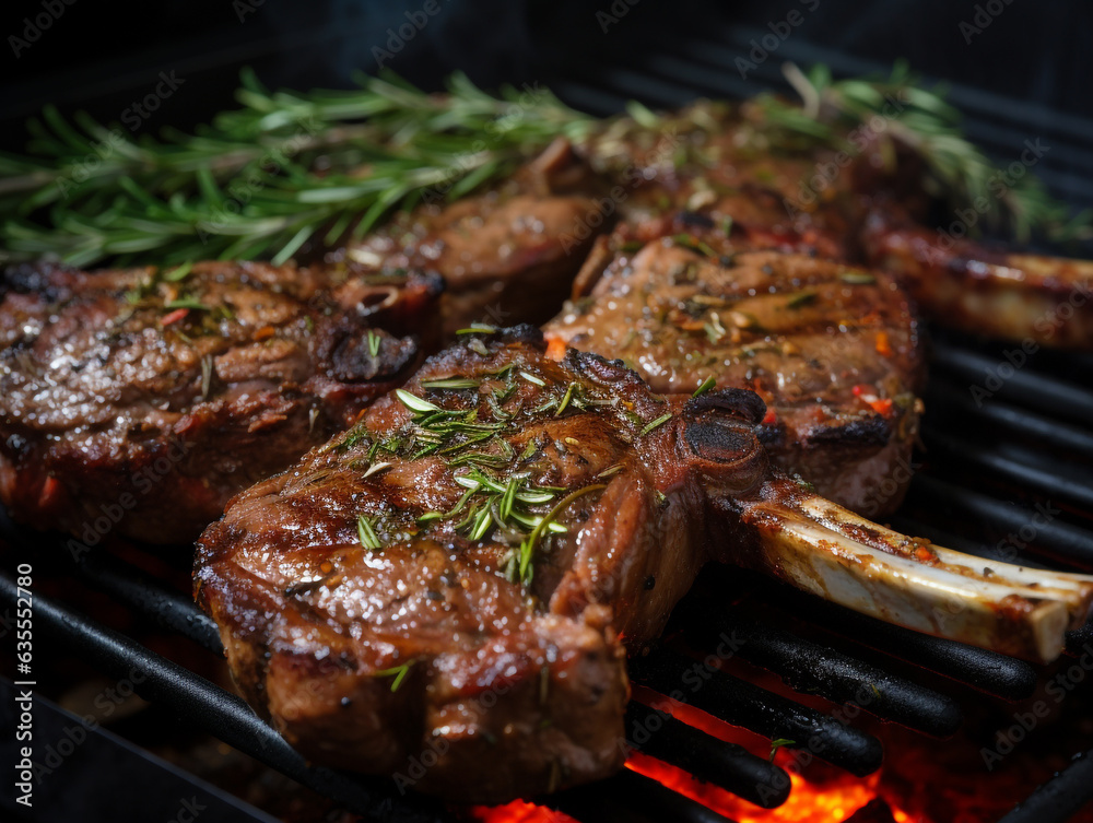 Juicy Greek lamb chops grilled to perfection. Smoke rising
