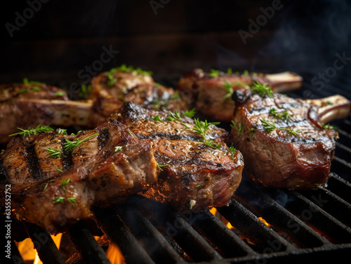 Juicy Greek lamb chops grilled to perfection. Smoke rising 