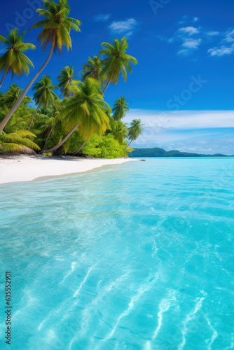 Coconut palms on a sunny sandy beach and turquoise ocean. Amazing nature landscape. Stunning beach scenery  peaceful and inspiring travel destination.
