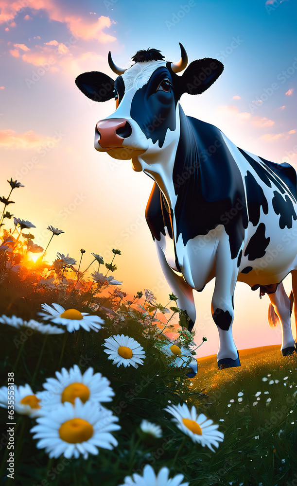 Cow on the meadow with camomiles at sunset. Generative AI.