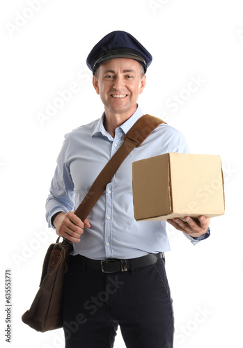 Mature postman with parcel ...