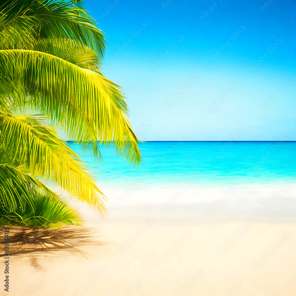 Fototapeta premium Defocused tropical sand beach with blurred water wave and fresh green palm leaves in for ground, beautiful nature background concept travel relaxation vacation