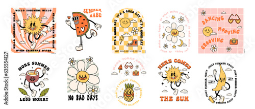 Groovy summer prints set for t-shirt. Cartoon doodle funny illustration collection, retro style. Bright graphics with summer elements: smile, sunglasses, daisy flower, inspiring lettering. Isolated 