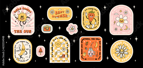 Big collection of vintage summer stickers. Positive and motivational slogan and fun elements on black background. Funny cartoon fruits, berries, sun, ice cream etc. Different shapes, isolated vector