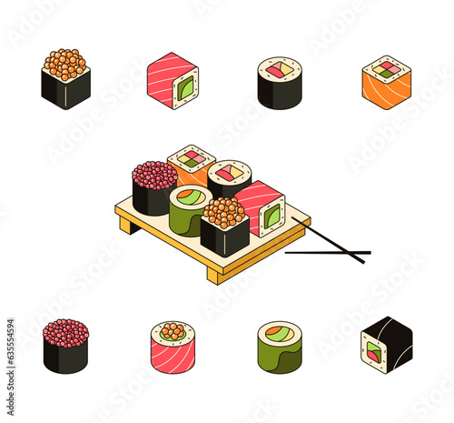 Sushi on the board, traditional asian food. Set of rolls with rice, fish, salmon, tuna, caviar, seaweed. Collection of 3d seafood icons, japanese cuisine.  Vector outline 3d isometric illustration
