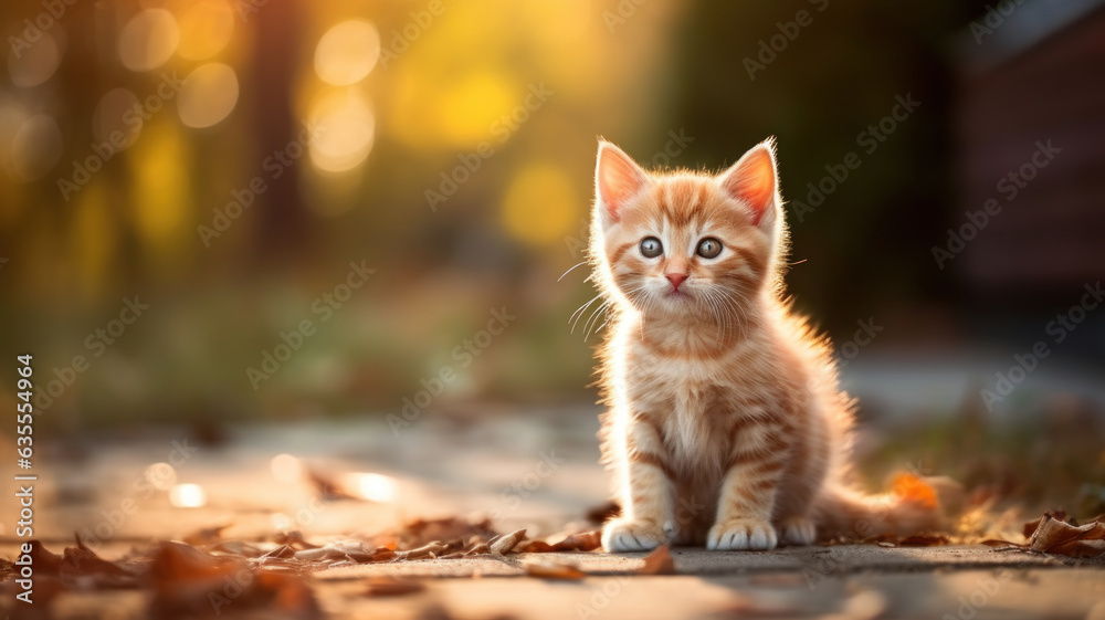 Little kitten sitting in backyard, beautiful bokeh background.