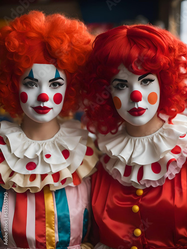 Two girls in clown costumes with red wigs gles and red noses, 