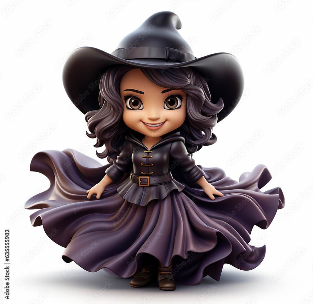  3d style of cute witch. a girl wearing Halloween witch costume.  Element for Happy Halloween banner or party invitation.