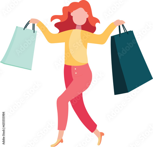 Woman enjoying shopping flat style vector illustration, Happy Lady leisurely walking after shopping with shopping bags stock vector image