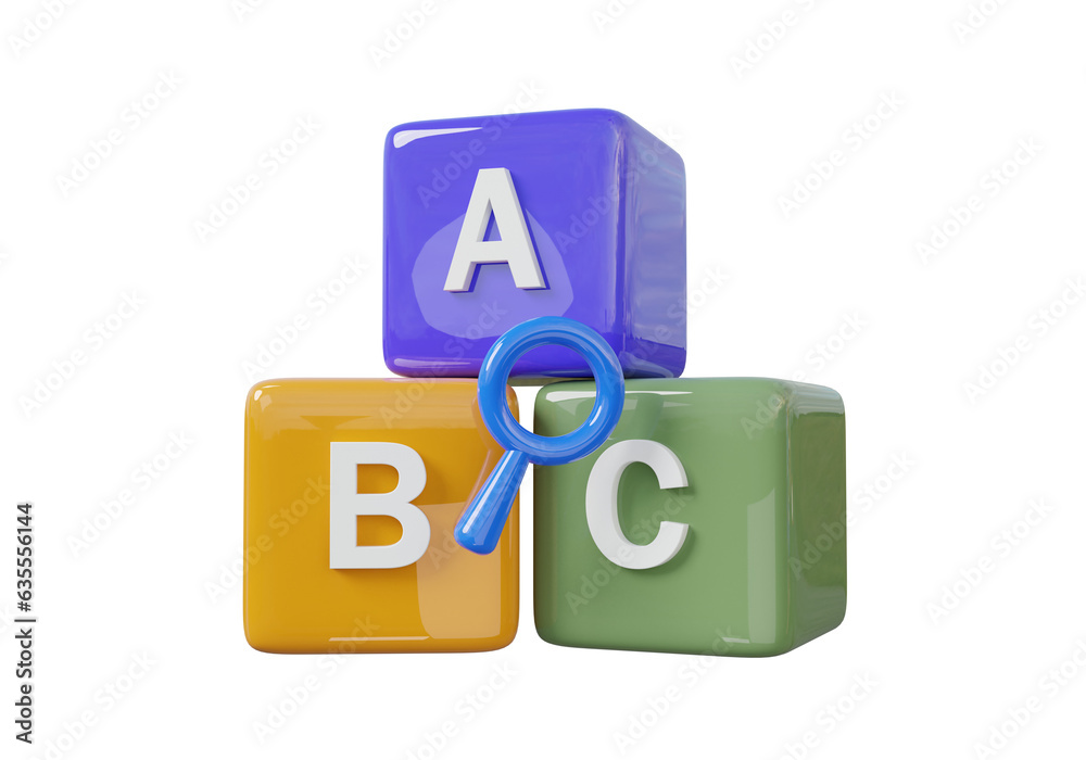 Minimal cartoon style stack search knowledge game squared colorful symbols A,B,C blocks on isolated background. learning development start education evolution baby kid. 3d render illustration Minimal cartoon style stack search knowledge game squared colorful symbols A,B,C blocks on isolated background. learning development start education evolution baby kid. 3d render illustration