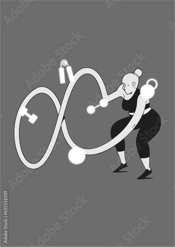 Illustration of a woman doing a battle ropes workout in the gym surrounded by gym equipment (ID: 635556309)