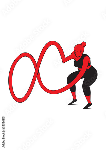 Surreal illustration of plus size woman doing battle ropes workout in the gym surrounded by gym equipment (ID: 635556315)