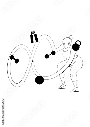 Illustration of a woman doing a battle ropes workout in the gym surrounded by gym equipment (ID: 635556317)