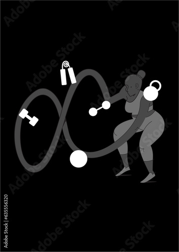 Illustration of a woman doing a battle ropes workout in the gym surrounded by gym equipment (ID: 635556320)