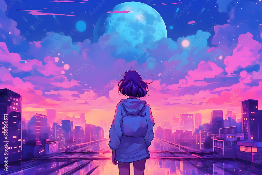Obraz premium illustration cute Lofi girl looking moon city wallapaper