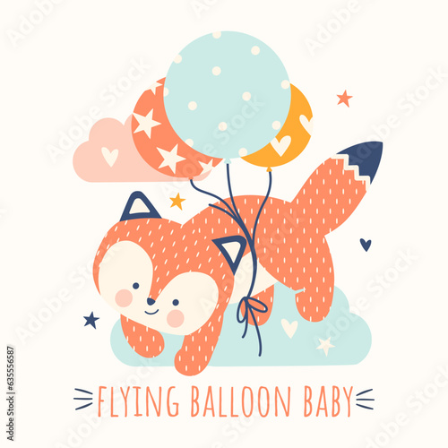 Adorable ginger fox flying on balloon. Cute little redhead foxie. Bright Scandinavian style print. Printable drawn decoration for kids bedroom, t-shirt, tee, sweatshirt. photo