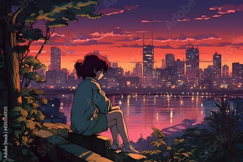 Cool Lofi girl  sitting outside  watching night city scene beautiful chill atmospheric wallpaper 4K streaming background lofi hiphop style Anime manga style	