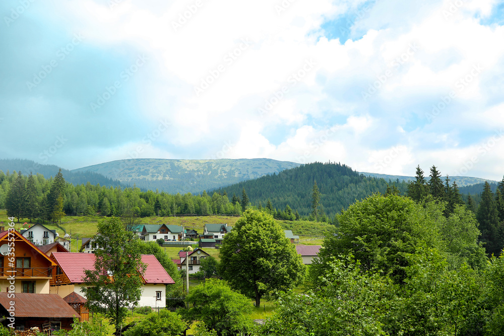 View of beautiful village in Carpathian mountains, Ukraine