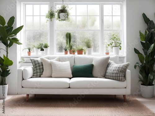 Un sofá blanco con almohadones junto a un gran ventanal. Vista de frente y de cerca. IA Generativa