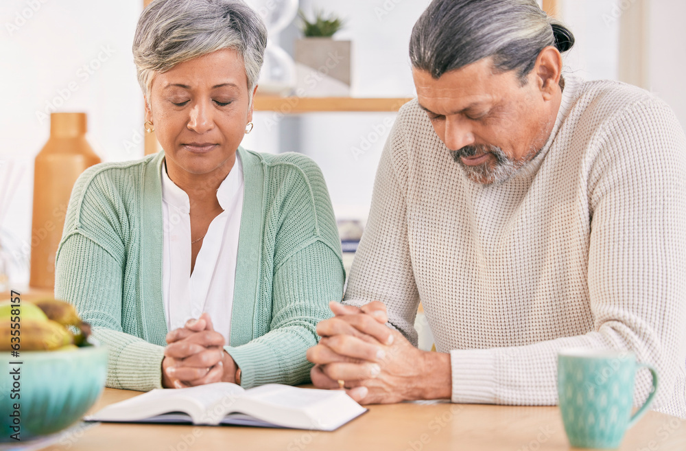 Praying, book and senior couple at home with bible study and religion together in marriage. Prayer, faith and elderly people with worship, learning and christian solidarity with love and care Praying, book and senior couple at home with bible study and religion together in marriage. Prayer, faith and elderly people with worship, learning and christian solidarity with love and care