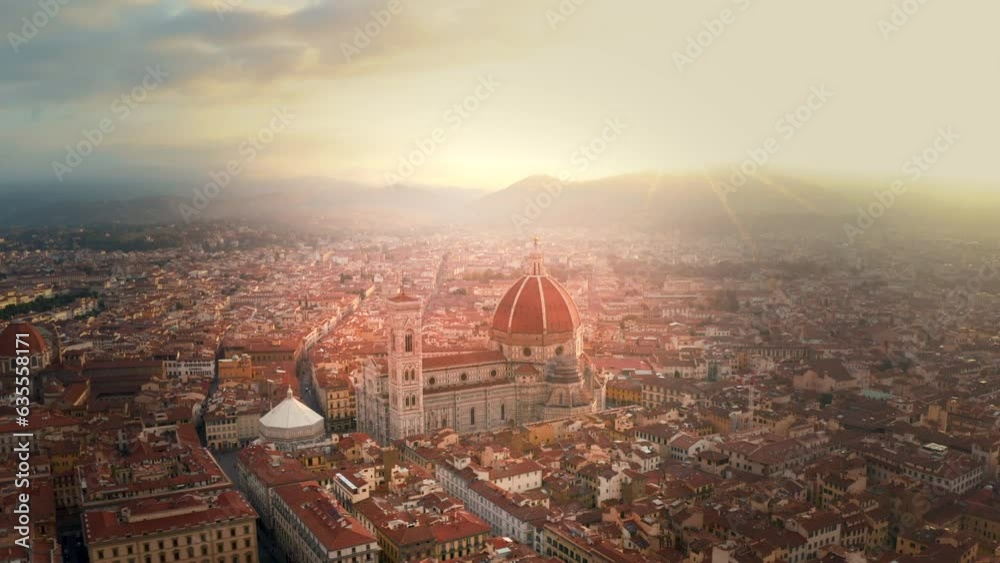 Florence skyline aerial view drone footage of city florence italy view of downtown florence cathedral church duomo florence.