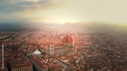 Florence skyline aerial view drone footage of city florence italy view of downtown florence cathedral church duomo florence. photo