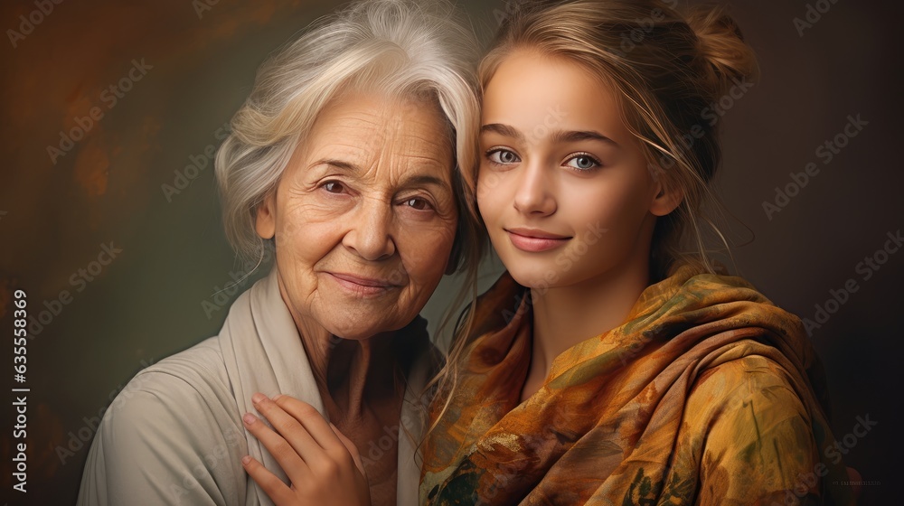 Fototapeta premium Happy young granddaughter hugging elderly grandmother created with Generative AI technology