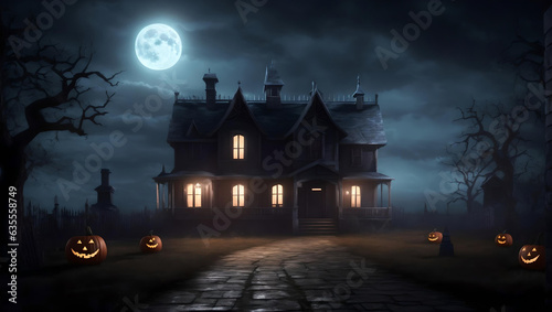 3D illustration of a Halloween concept background of a realistic horror house and creepy street with moonlight. Digital art background. Generative AI
