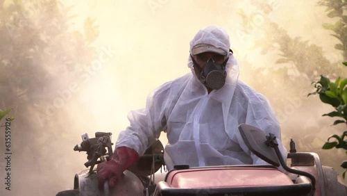 Anonymous farmer spraying pesticide on lemon trees while riding tractor photo