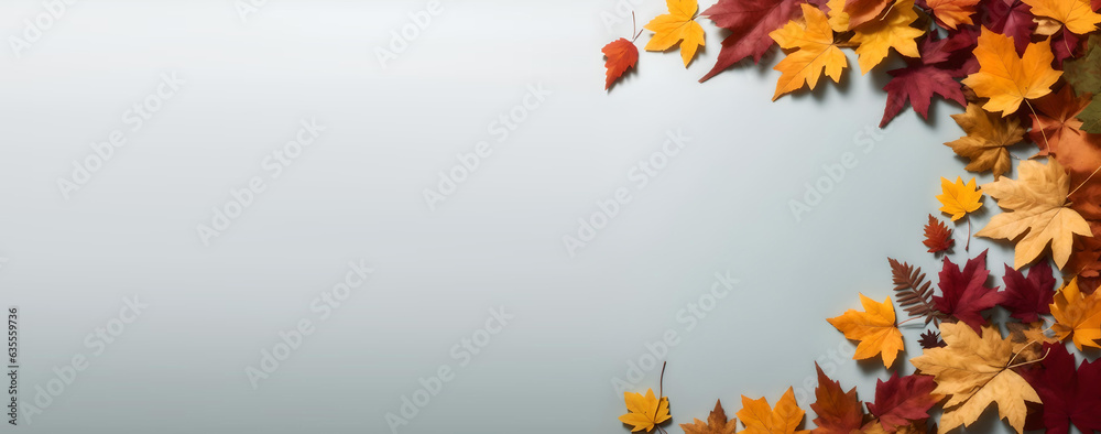 Naklejka premium Blank copy space with autumn leaves, copy space, flat lay, autumn concept, autumn holiday greeting card. Generative AI