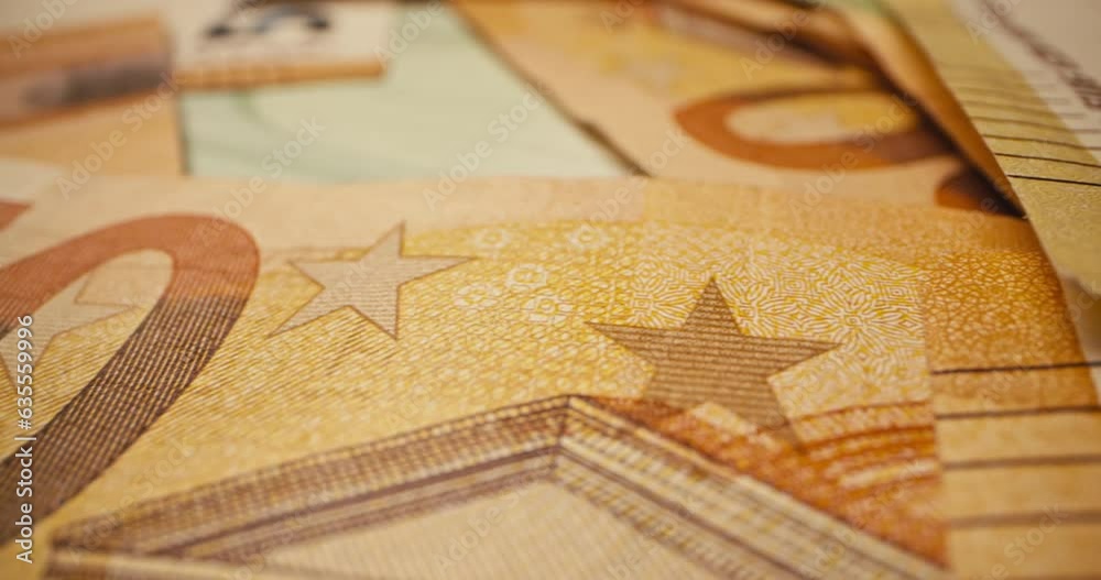 Close-up background video of fifty euro currency. Bank money changer. High quality 4k footage
