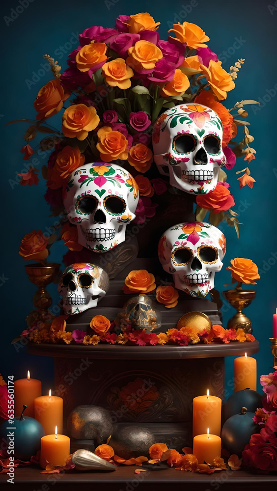 Concept illustration of on the altar, decorated with flowers in honor of the Mexican Day of the Dead, are two Mexican-style skulls, Generative AI