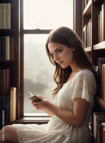 A girl in a white dress sits and reads in front of the window, leaning on a bookshelf. Generative AI