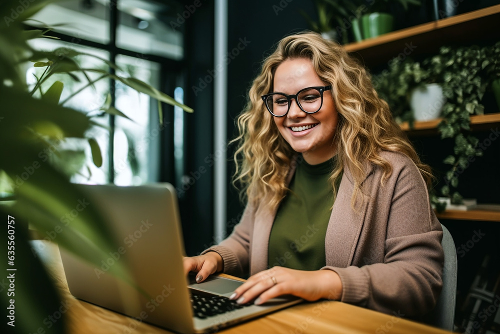 Happy plus size caucasian casual businesswoman using laptop at desk in office.
