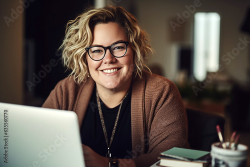 Happy plus size caucasian casual businesswoman using laptop at desk in office.