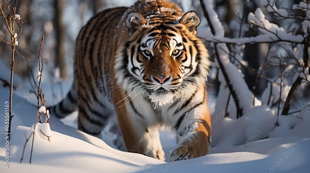 The Amur tiger walks through the forest. Dangerous animal, taiga, Russia. A wild cat in its natural habitat. Generative AI