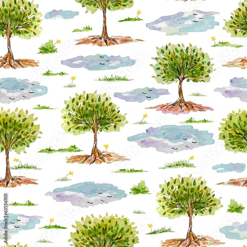 Wallpaper Mural Seamless pattern with trees and clouds for wallpaper, fabric Torontodigital.ca