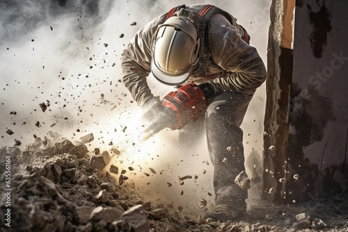 A laborer uses a jackhammer to break up a concrete.