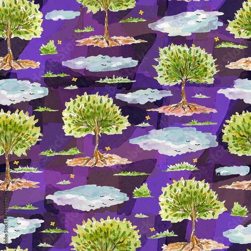 Wallpaper Mural Seamless pattern with trees and clouds for wallpaper, fabric Torontodigital.ca