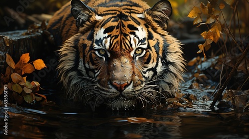 The Amur tiger walks through the forest. Dangerous animal  taiga  Russia. A wild cat in its natural habitat. Generative AI