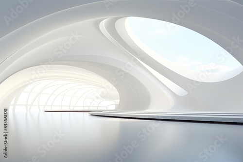 Minimal geometric shapes and futuristic technology concept in a modern architectural interior design with a building on an abstract white background with wave lines.