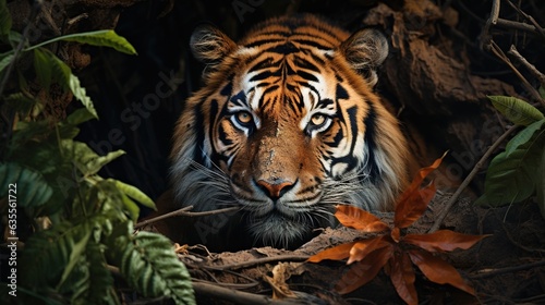 The Amur tiger walks through the forest. Dangerous animal  taiga  Russia. A wild cat in its natural habitat. Generative AI