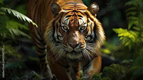 The Amur tiger walks through the forest. Dangerous animal, taiga, Russia. A wild cat in its natural habitat. Generative AI © Irina