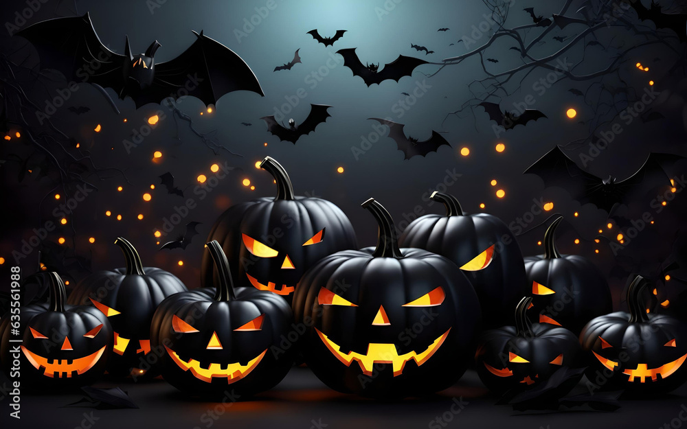 Happy Halloween banner. Festive background with realistic 3d black pumpkins with cut scary smile and flying bats. Horizontal holiday poster, header for website. Generative AI