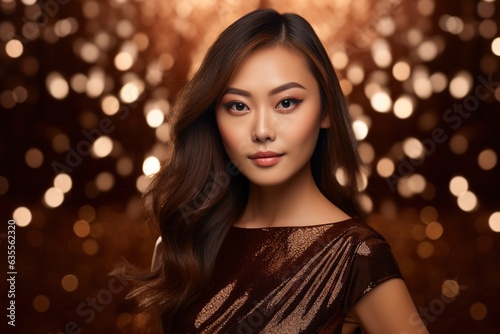 Asian woman in brown dress on brown sparkling background.