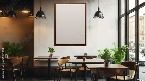 interior design of a cafe with a blank frame 