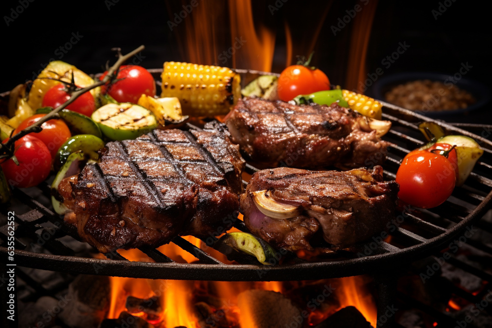 barbecue. Cooking juicy meat and fresh vegetables on the grill to stimulate your taste buds. Sharing outdoor leisure time with family and friends on holidays.