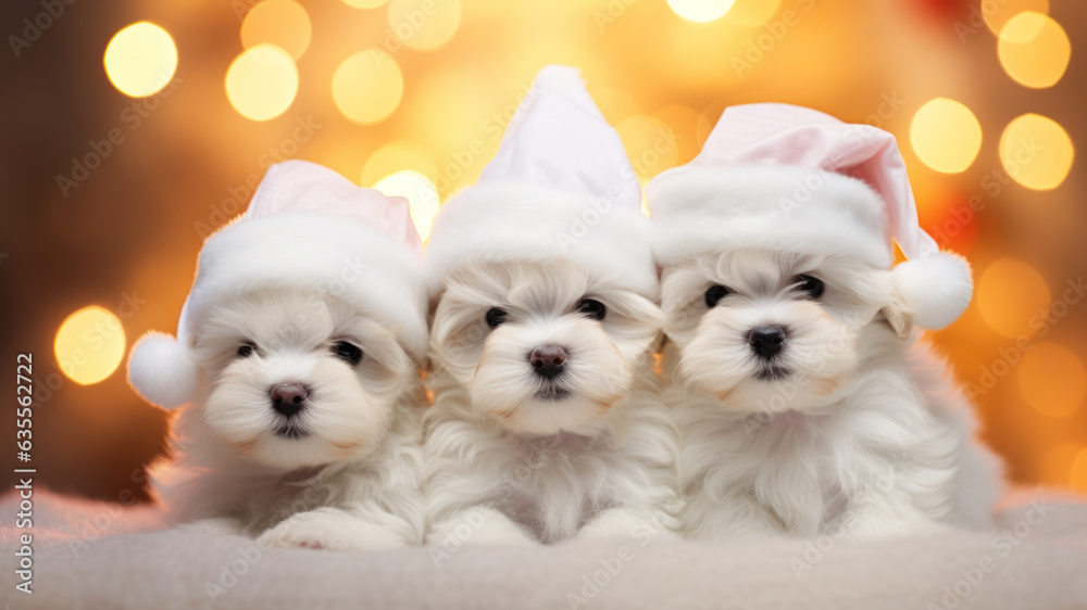 Maltese puppies in white santa hats lying in front view. Bokeh background with festive christmas lights. Maltese puppies in white santa hats lying in front view. Bokeh background with festive christmas lights.