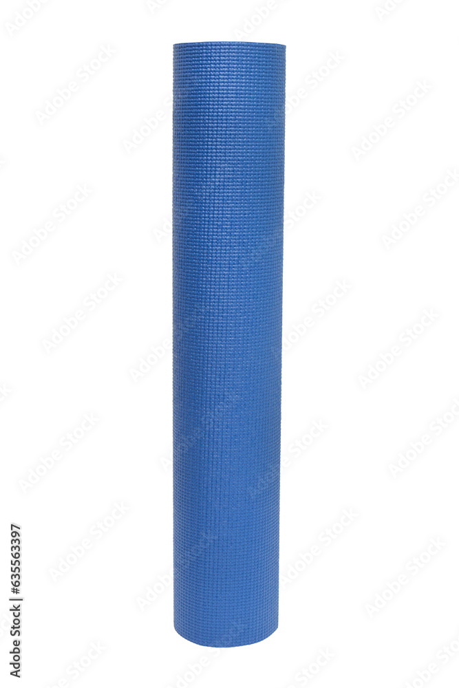 Blue yoga mat isolated on a white background. Mat for sports in the gym or outdoors Blue yoga mat isolated on a white background. Mat for sports in the gym or outdoors