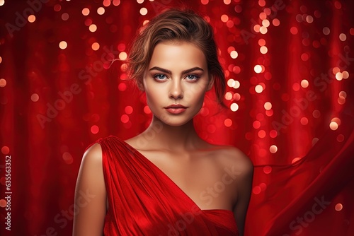 Caucasian woman in red dress on red sparkling background. © Bargais
